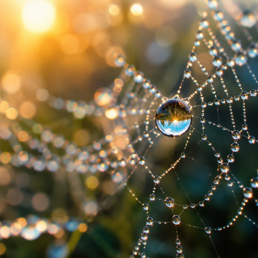 Macro photo of a dewdrop on a spider web at dawn, jewel-like light refractions, bokeh