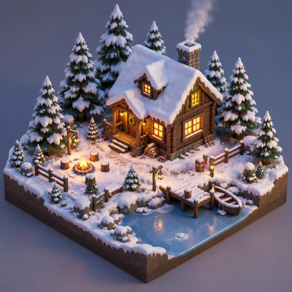 Isometric 3D render of a cozy tiny cabin in a snowy pine forest, warm glowing windows, diorama style