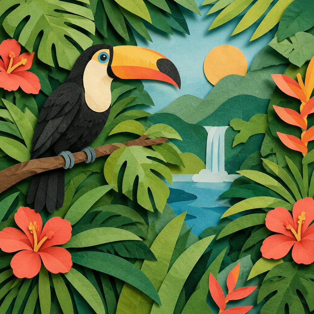 Paper cutout art of a tropical jungle with a toucan, layered colored paper depth, craft aesthetic