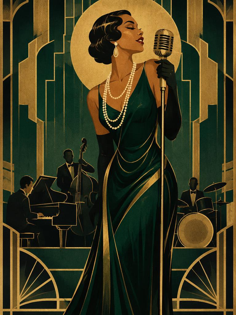 Art deco poster of a jazz singer on stage, gold and deep emerald geometric patterns, 1920s glamour
