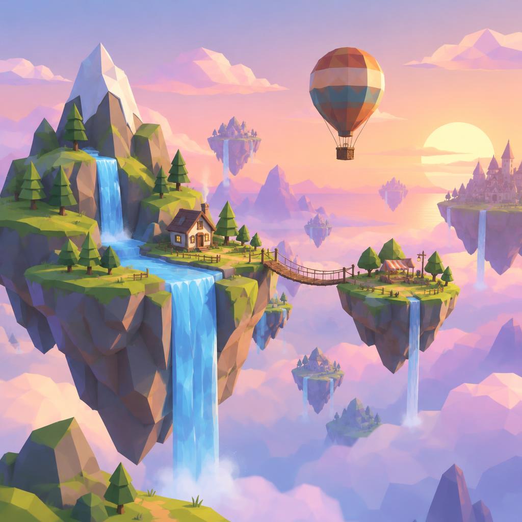 Low-poly 3D landscape of floating islands with waterfalls and a hot air balloon, pastel sunset sky