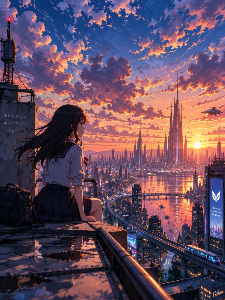 Girl on a rooftop overlooking a futuristic city at sunset