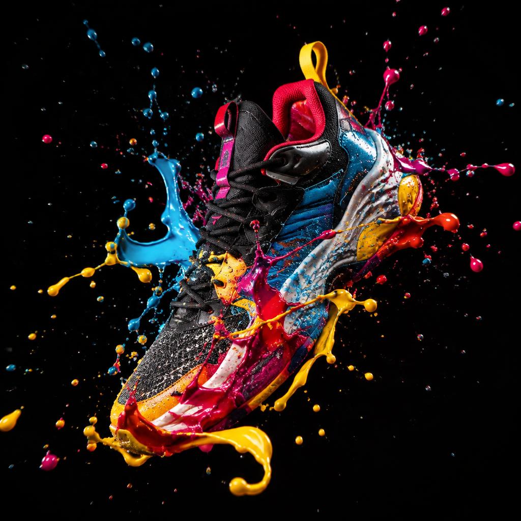 Sneaker bursting through splashes of liquid paint, high-speed photo
