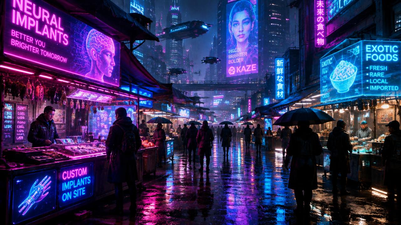 Cyberpunk street market at night, holographic signs, rain-slick pavement reflecting pink and cyan neon
