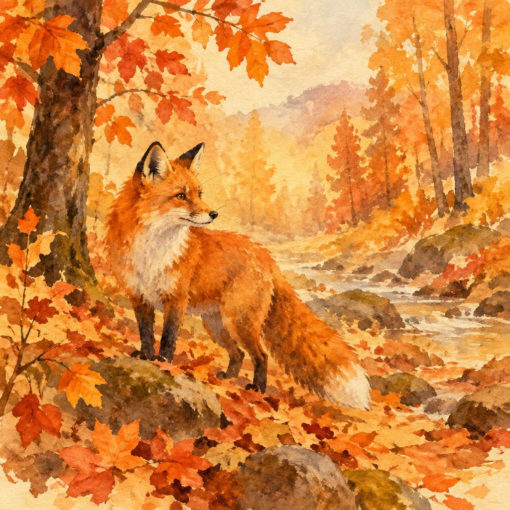 Watercolor illustration of a fox in an autumn forest, loose brush strokes, warm amber palette